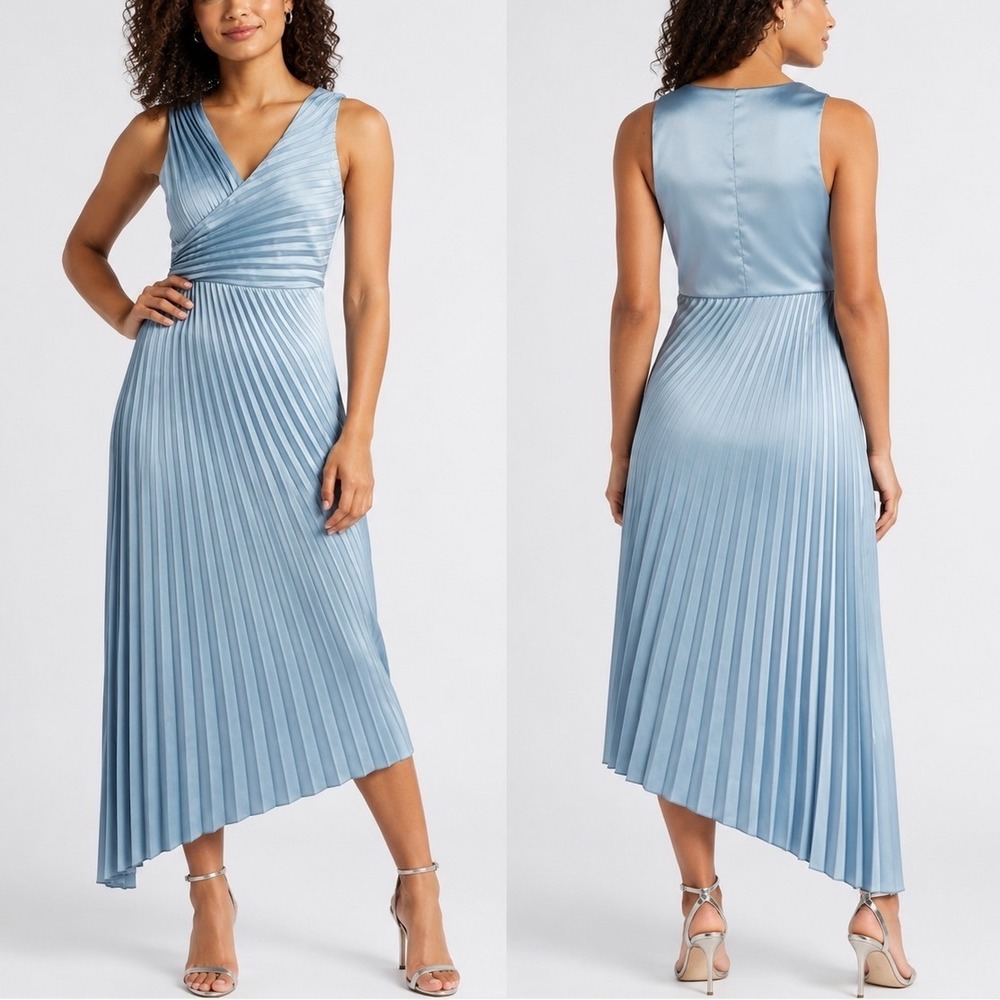 NEW Sam Edelman Hammered Satin Plisse Pleated Dress Glacier Blue Asymmetrical 6